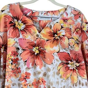 Alfred Dunner Women Large Floral Animal Print V-Neck 3/4 Sleeve Top Orange